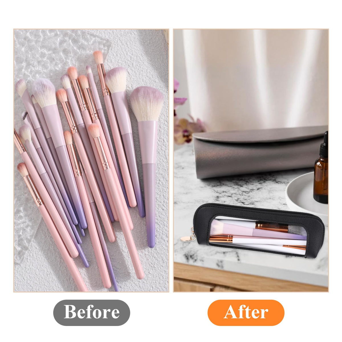 Psyqtsuary Clear Makeup Bag, PU Leather Mini Makeup Pouch Portable Makeup Brush Case Transparent Waterproof Cosmetic Organizer Pouch with Zipper for Women Home Travel Office Makeup Storage (Black)