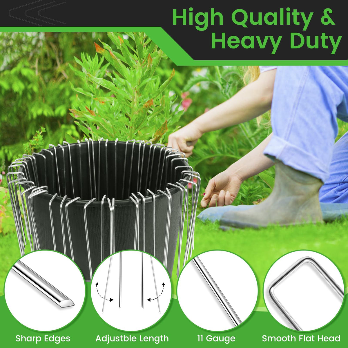 200 Pack 6 Inch Landscape Staples + 1 Hook 11 Gauge Heavy Duty Galvanized Garden Stakes, U-Shaped Ground Pins for Weed Barrier Fabric, Drip Irrigation Tubing, Sod, Lawn & Christmas Outdoor Decorations