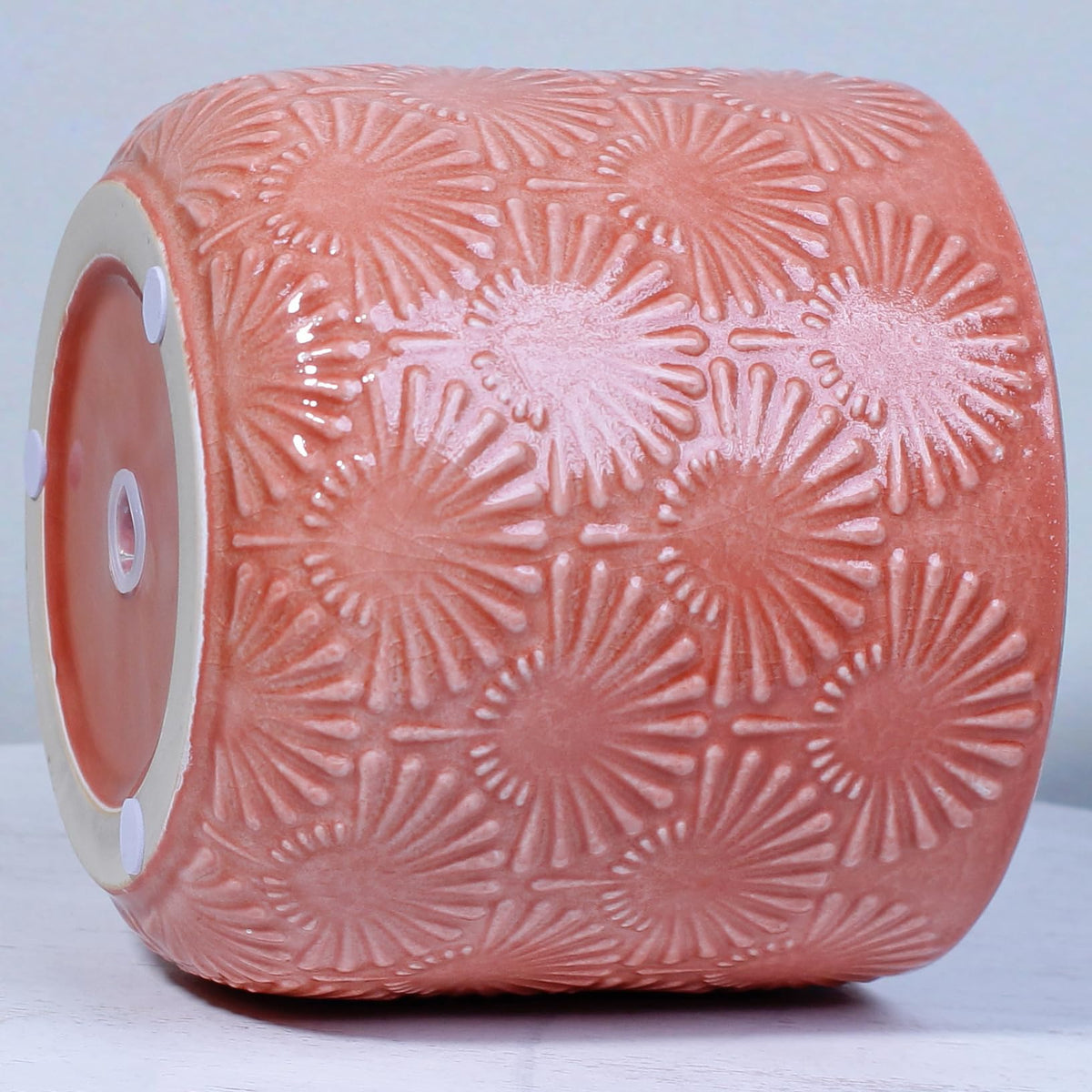 Xiaan Jiaju Boho Embossed Ceramic Flower Pot, 6.7 Inch Modern Planter Pots for Indoor Plants, Bohemian Chic Decorative Glazed Plant Pot with Fanburst Pattern, Coral Blush