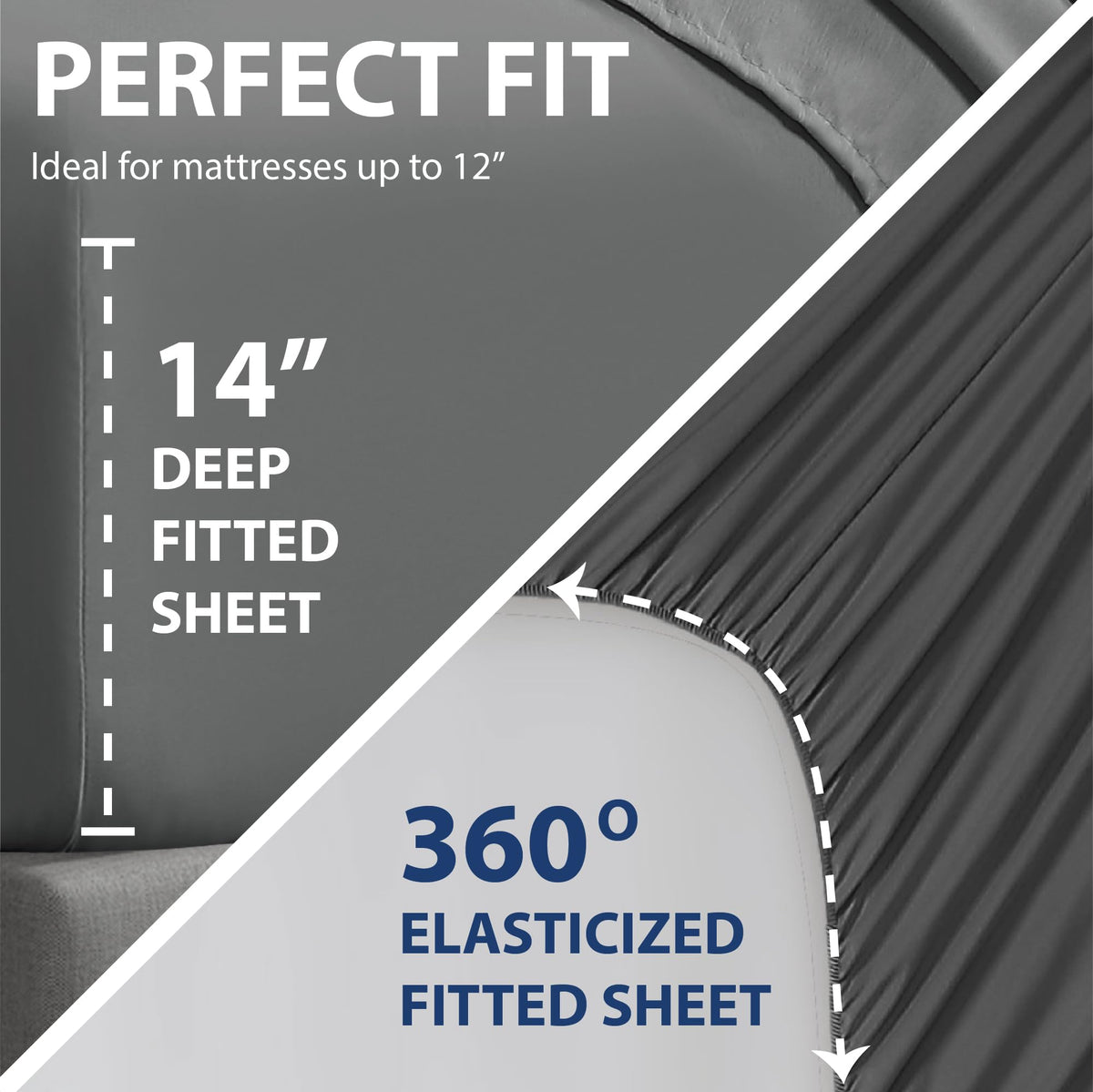 Cathay Home Queen Fitted Sheet with Double-Sided Pockets - 14" Deep Pocket Microfiber Sheet, Double Brushed Ultra Soft Bed Sheet, Wrinkle & Fade Resistant, Grey