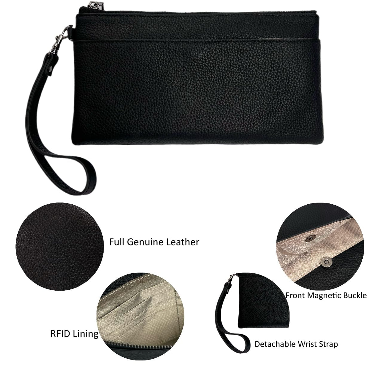 EChoSYDBel Genuine Leather Wristlet Clutch RFID Blocking Handbag Cell Phone Purse Wristlet Zipper Wallet Purses and Bags for Women Men (Black)