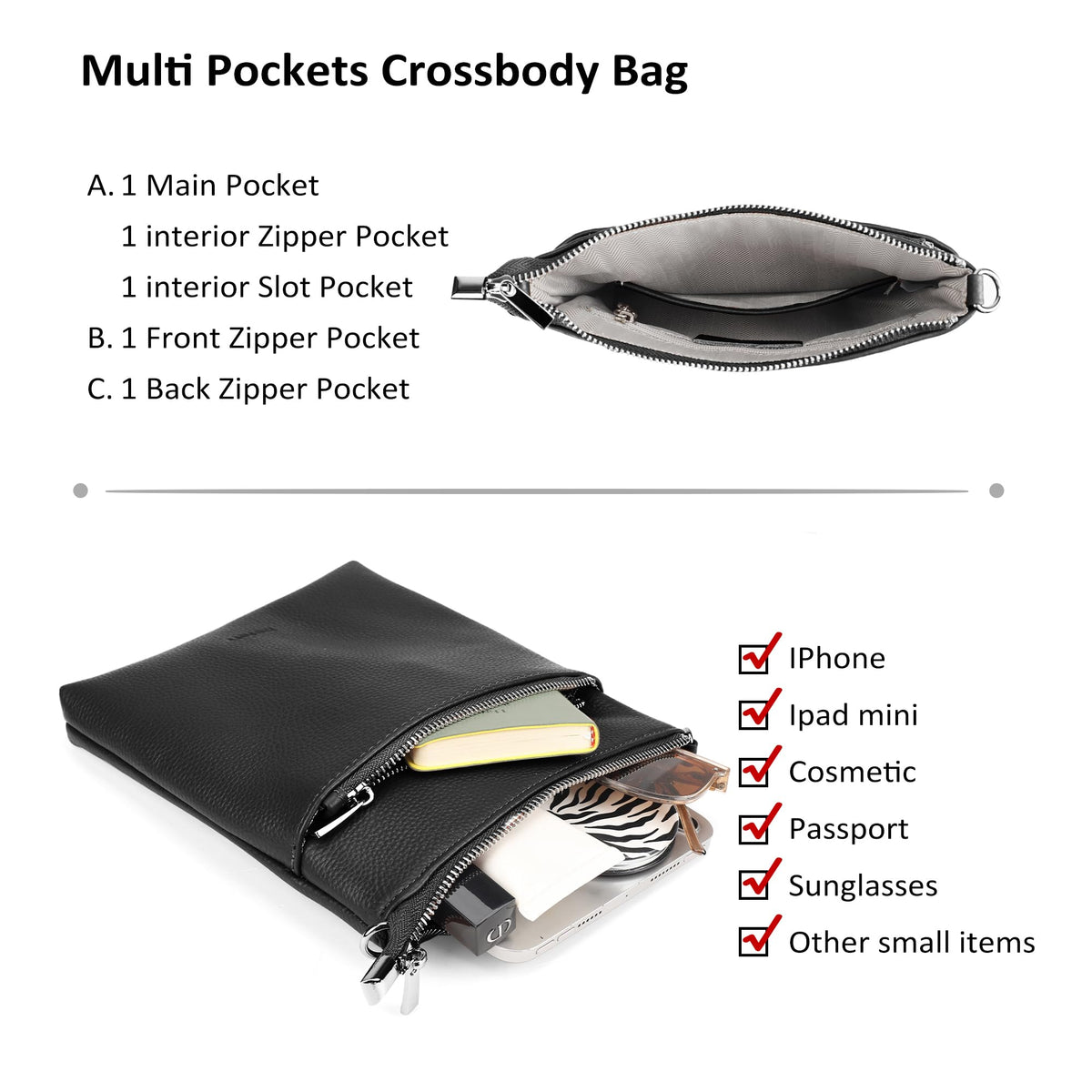 befen Small Black Genuine Leather Crossbody Purses for Women Travel Cross Body Bags with Adjustable Shoulder Strap