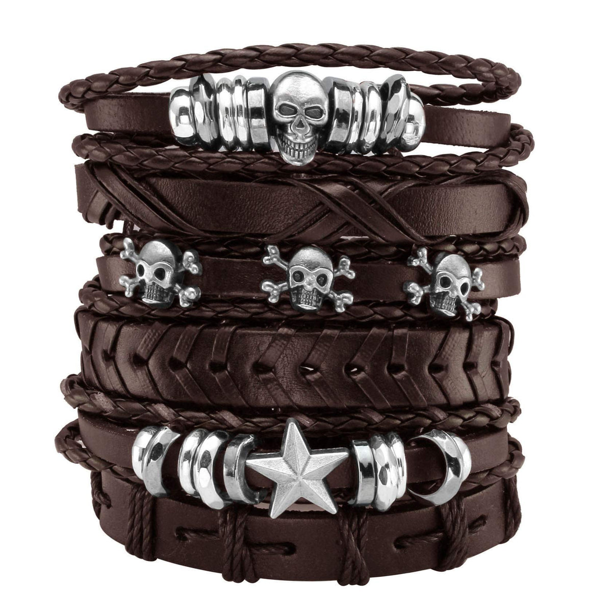 Eigso 6 Pcs Leather Bracelet Braided Wide Wristband Women Men Punk Rock Jewelry Skull