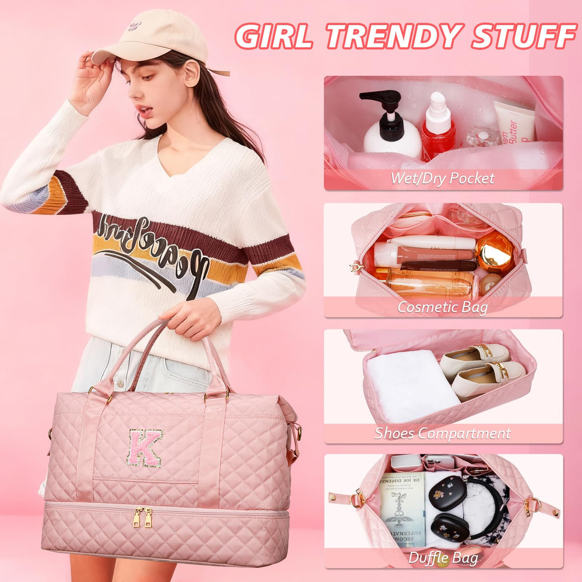CLOUDWINGS Gifts for Women Girls Initial Travel Duffle Bag Quilted Weekender Carry-On Overnight with Cosmetic Bag, Gym Bag with Shoe Compartment, Pink K