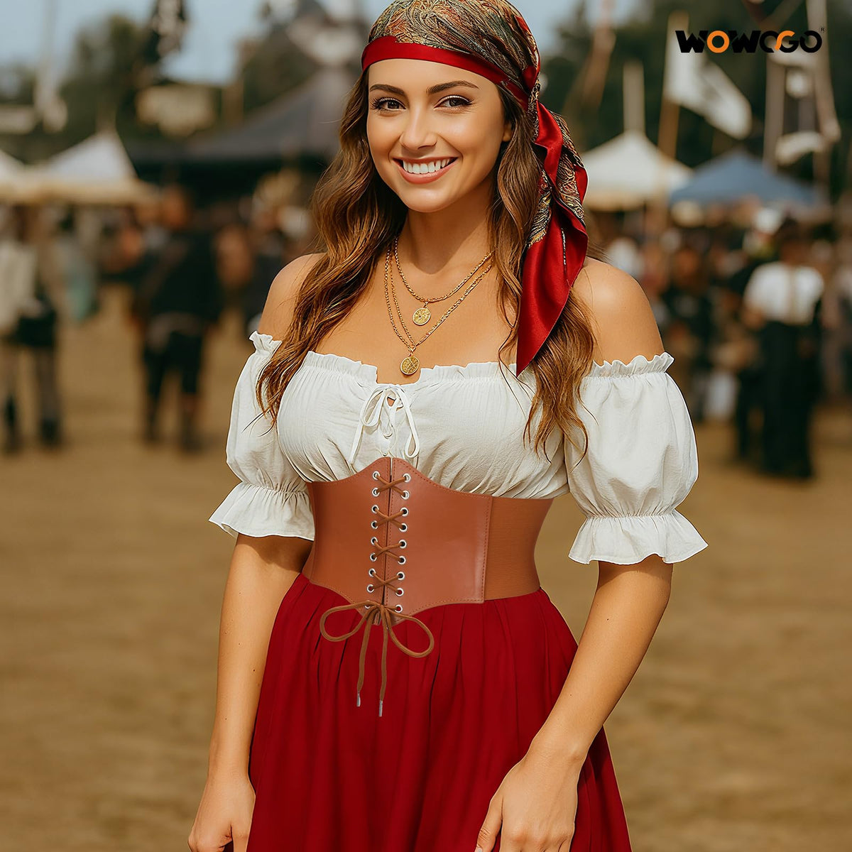 WOWOGO Corset Belt for Women Lace Up Elastic Leather Waist Corset Tied Waspie Belt for Renaissance Pirate Halloween Costume