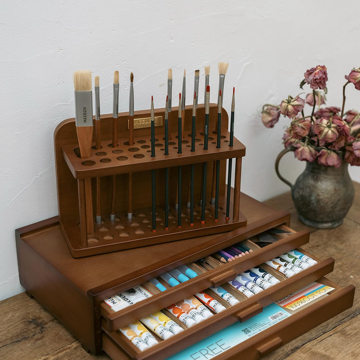 MEEDEN PRO Paint Brush Holder - Wooden Paints Brush Organizer - Paint Brushes Holder for Artist - Art Supply Storage for Desk, Arts and Crafts