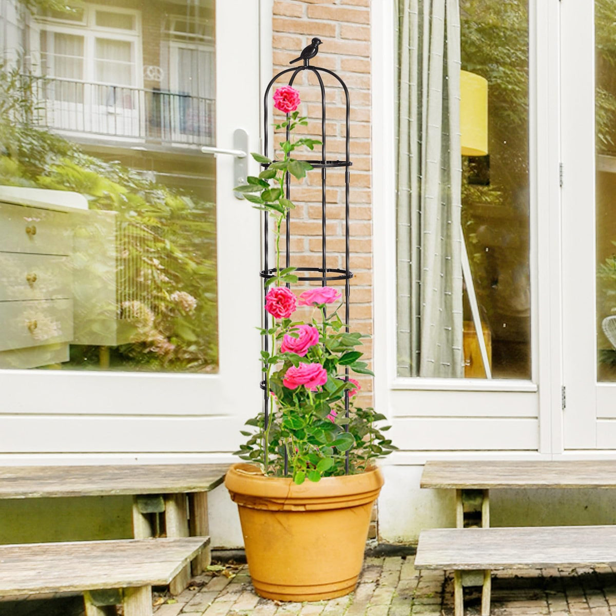FOLLOOK Garden Obelisk Trellis for Climbing Plants Outdoor, Lightweight Climbing Plant Support Flower Roses Clematis Vegetable Light Vines Round Trellis for Raised Garden Bed Planter, Black, 2 Pack