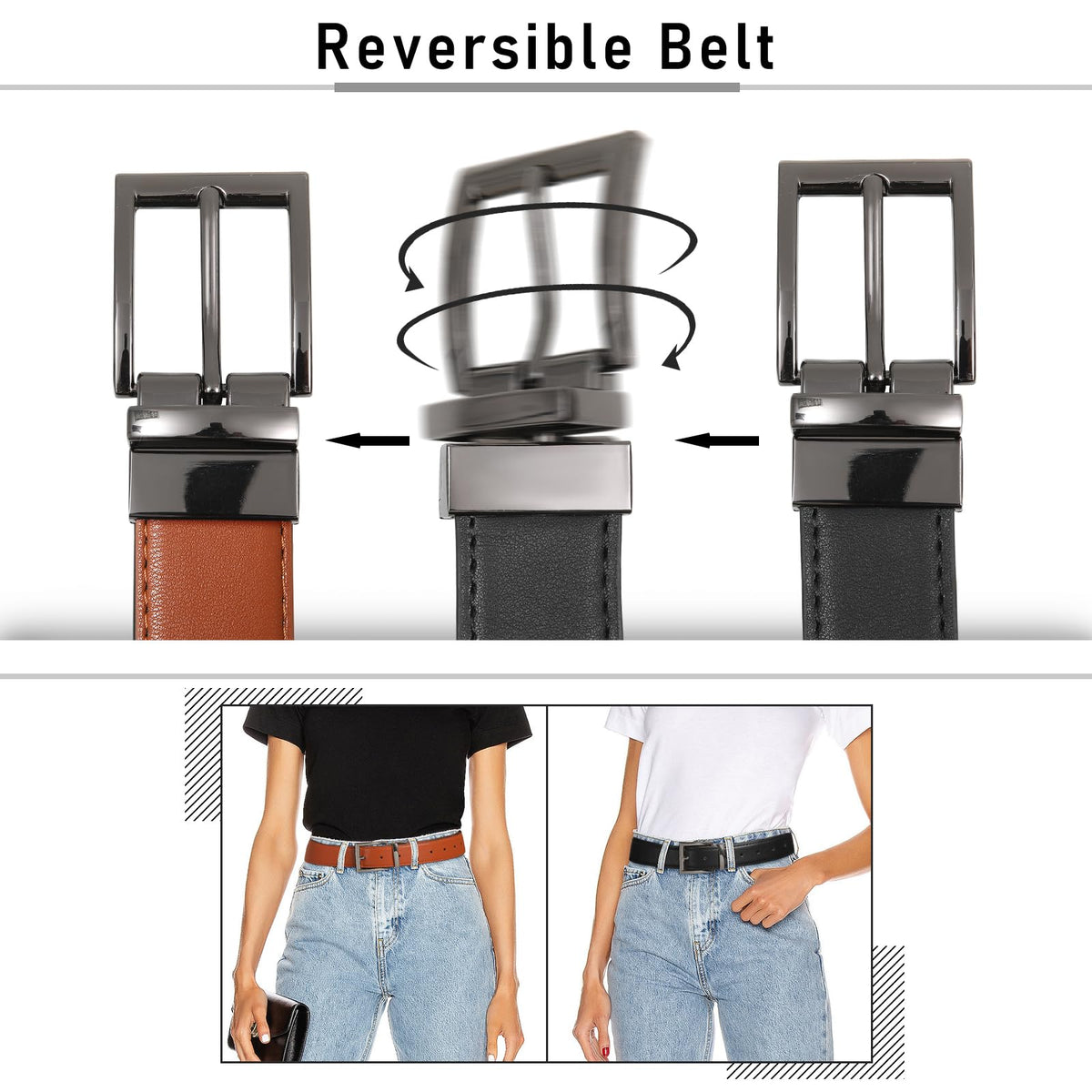 AWAYTR Reversible Leather Belt for Women - Two Color-in-One Belt for Jeans Dress Women Men Belt with Rotated Buckle(Brown/Black with Gun Color Buckle 32in-38in)
