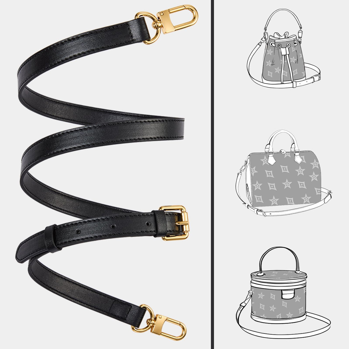 LWMYFZX Genuine Vachetta Leather Crossbody Strap | Adjustable Replacement Shoulder Strap for Handbags, Purses & Clutches (Black)