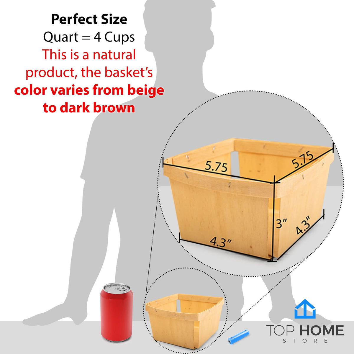 One Quart Wooden Gift Baskets (10 Pack); for Picking Fruit or Arts, Crafts and Decor; 5.75” Square Vented Wood Boxes