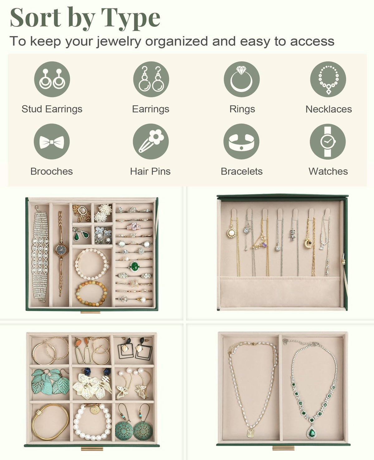 Amearea Jewelry Box Organizer for Women Girls with Mirror, 3-Layer Large Jewelry Storage Case, Synthetic Leather Jewelry Holder Organizer with Removable Tray for Necklaces Earrings Rings, Green