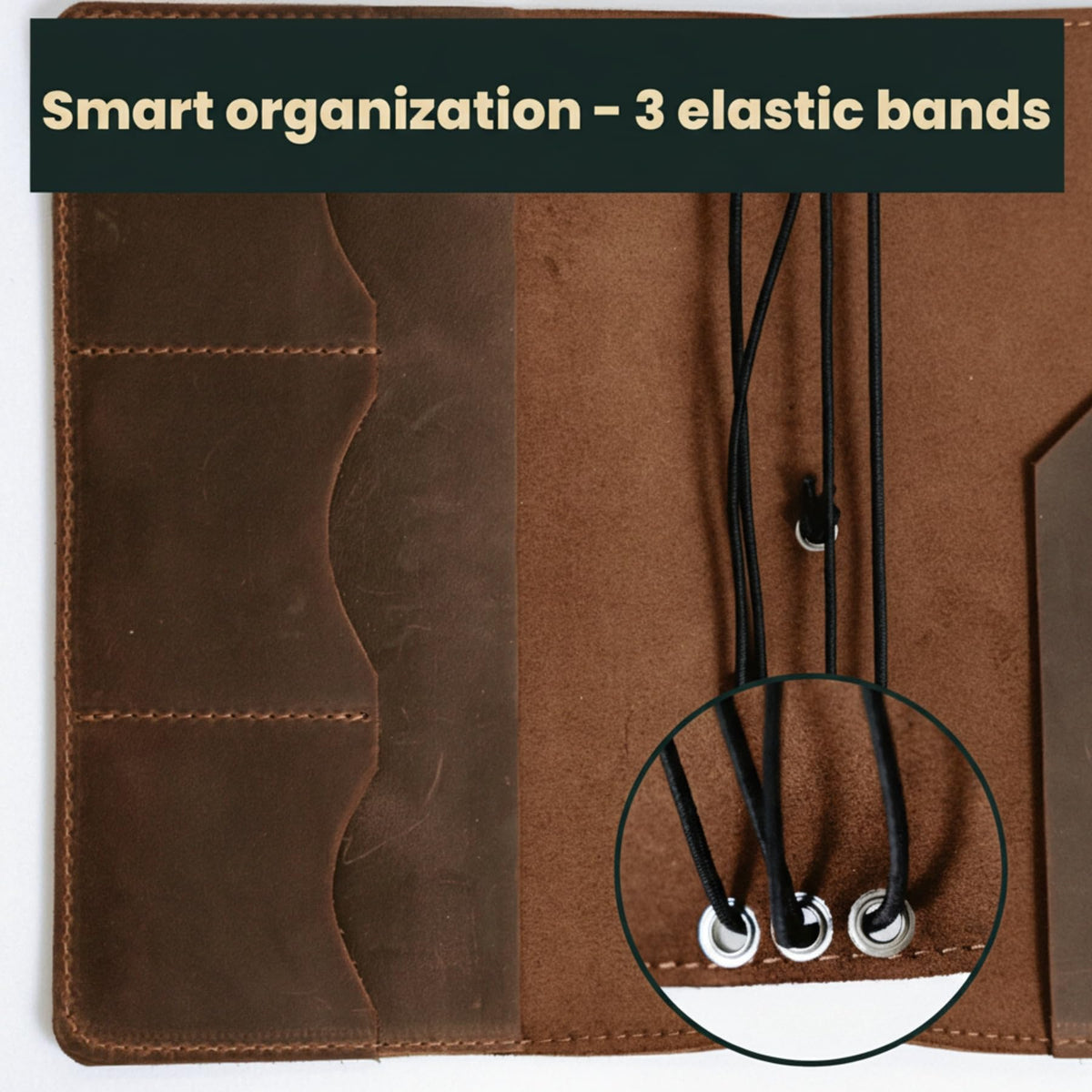 TORAKIP Leather A5 Notebook Cover – Refillable Journal Case with Elastic Bands, Pen Loop & Inner Pockets, Handmade Notebook Organizer, Fits 5.8" x 8.3" Inserts (Paper Not Included), Brown