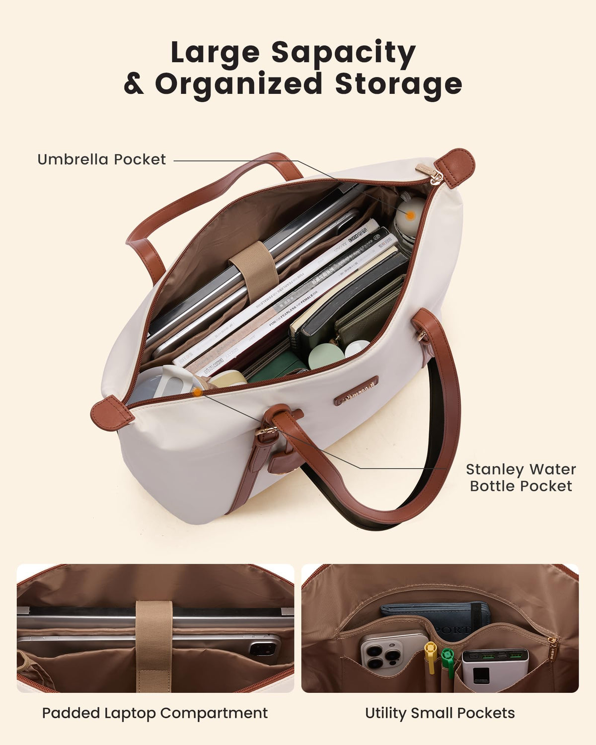 LOVEVOOK Laptop Bag for Women with Large Cup Holder, 15.6 Inch Cute Nylon Work Travel Tote Bags, Waterproof Computer Bag Shoulder Purse, Beige