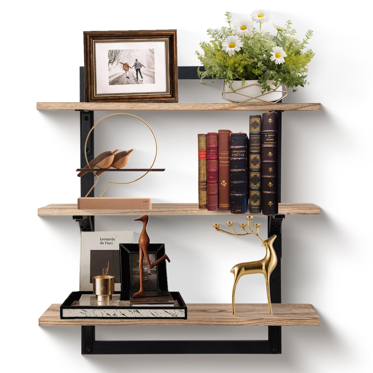 Wodhels 24-Inch Floating Shelves for Wall，3-Tier Wooden Wall Mounted Kitchen Shelves with Foldable Brackets,Hanging Wall Shelves for Living Room, Coffee Bar，Bedroom, Bathroom,Rustic Brown
