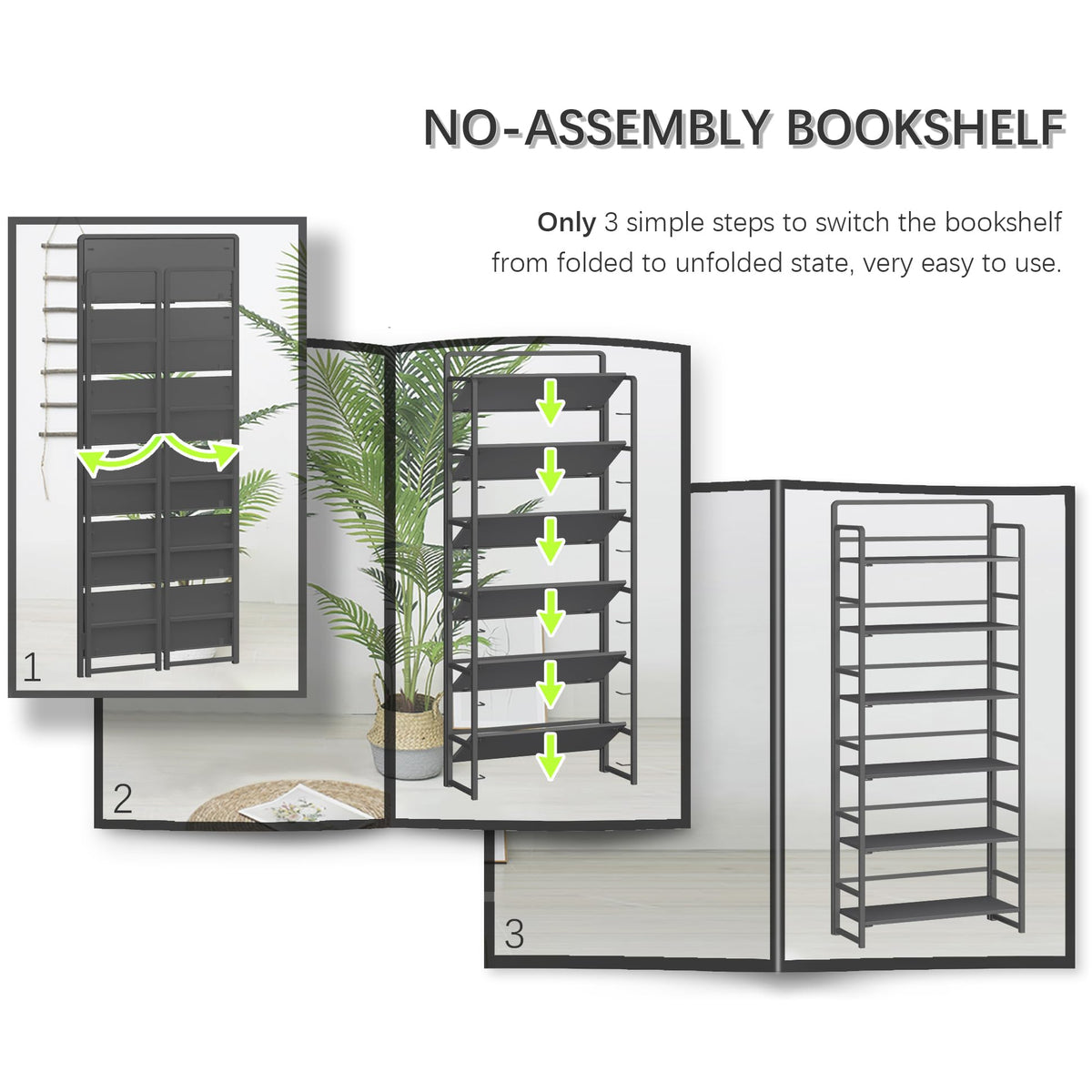 4NM No Assembly 6 Tiers Folding Bookshelf Storage Shelves Vintage Bookcase Standing Racks Study Organizer Home Office (All Black)