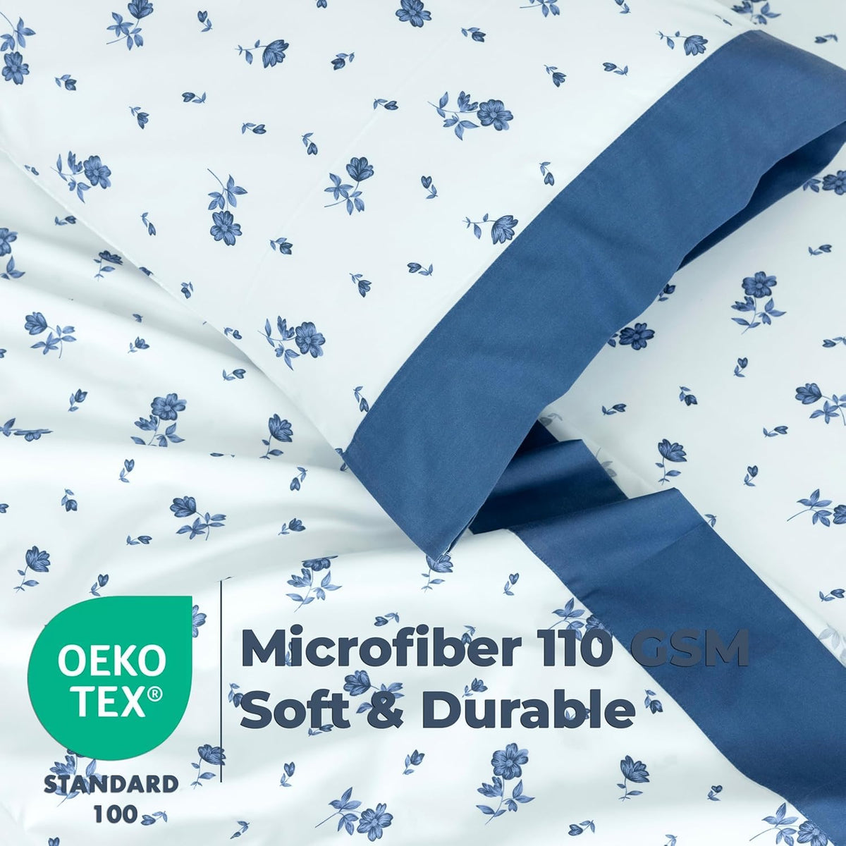 Dreamology Sheet Set Queen, 4 Pieces Microfiber Sheet Set, Printed Sheet Set with Solid Cuffed Detail,Includes 1 Flat Sheet,1 Deep Pocket Fitted Sheet and 2 Pillowcases,Queen Bed Sheets – Blue Floral