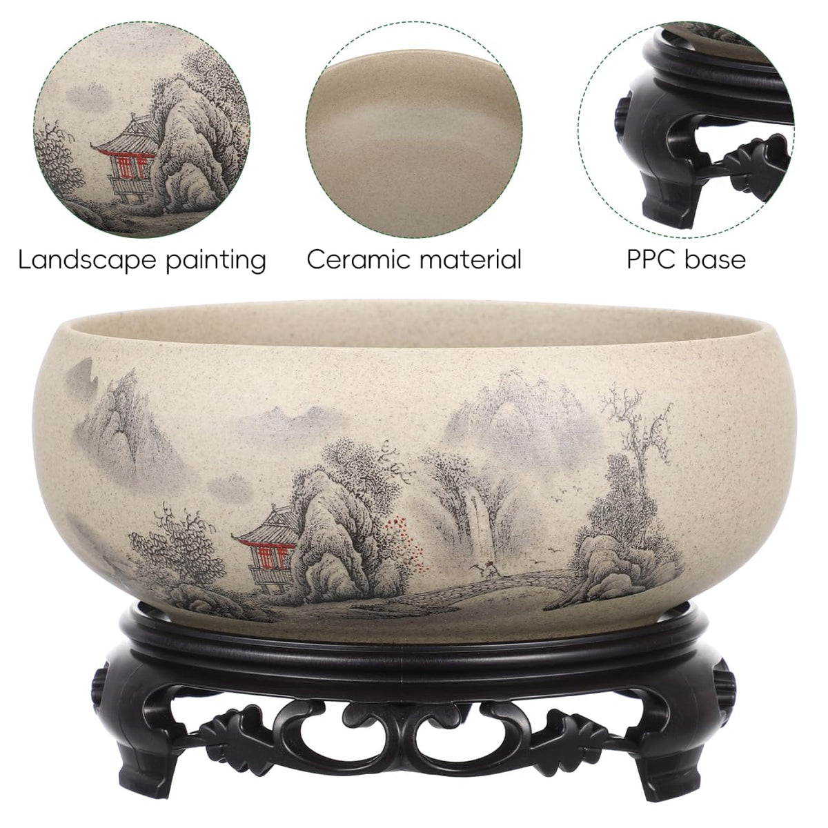 Kisangel Lotus Bowl Planter for Water Lilies, 6.68" No-Hole Coarse Pottery Water Lily Pot with Base, Compact Lotus Bowl for Indoor Zen Desktop Decor & Aquatic Plants