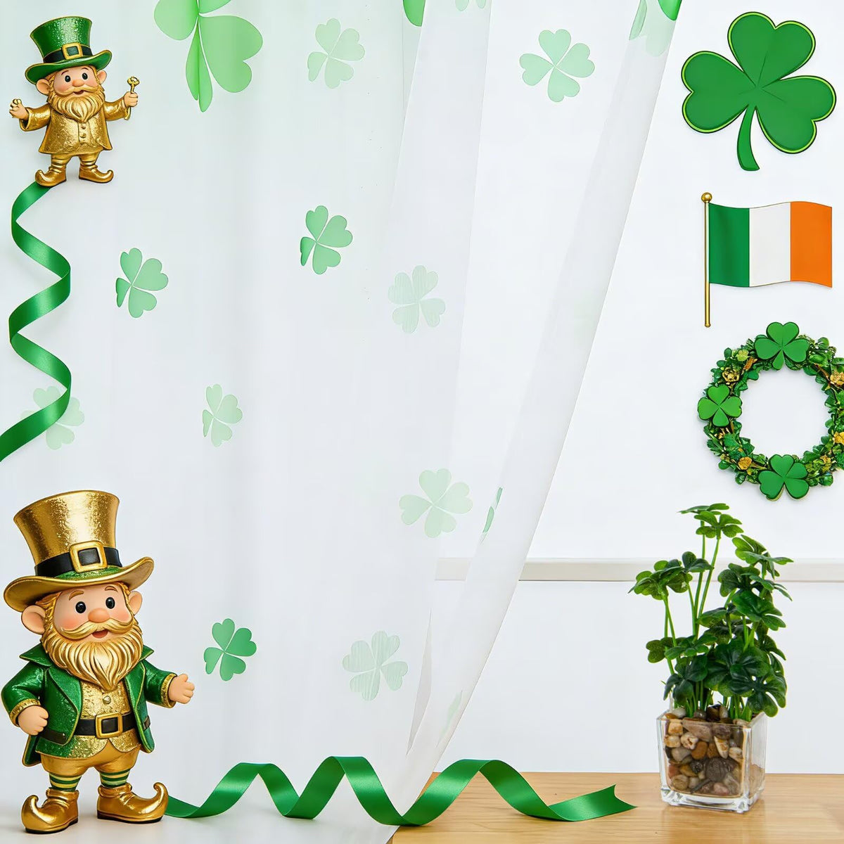 youleyar St. Patrick's Day Sheer Curtains 84 Inches Long, 2 Panels Shamrock Clover Printed Pattern Curtain, Rod Pocket Drapes for Bedroom and Home Decor, 52" W x 84" L