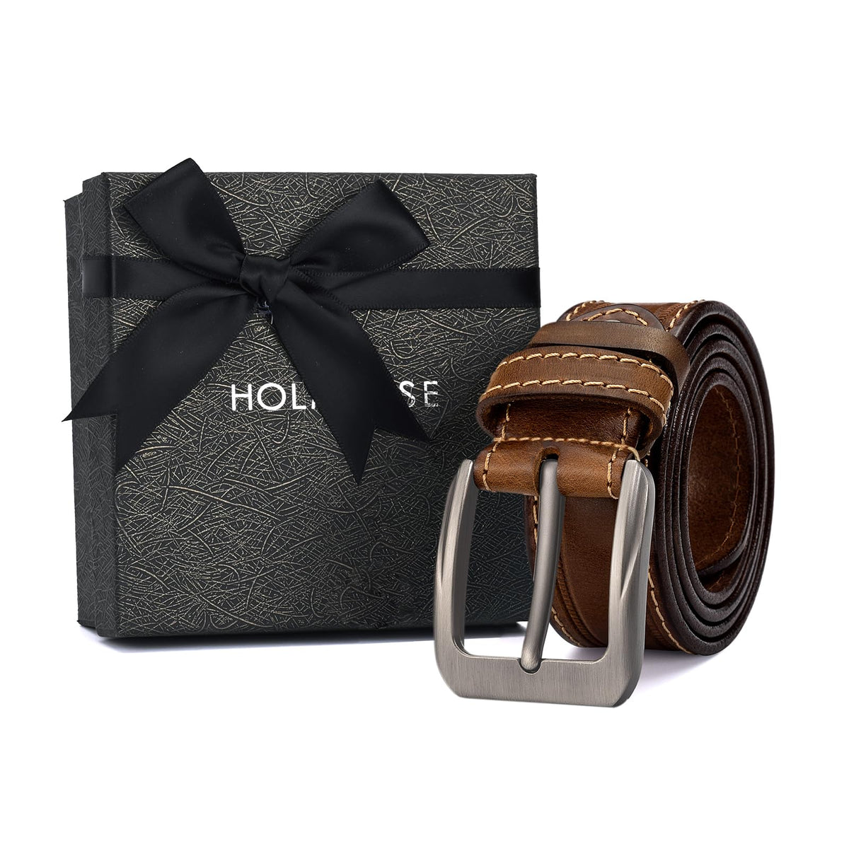 HOLMANSE Italian Full Grain Leather Belt for Men Western Cowboy Casual Jean Belt 1.5 Wide 7 Holes Gift Box Packaging (Full Grain Leather/Brown, Belt Size 36 / Pants Size 34)