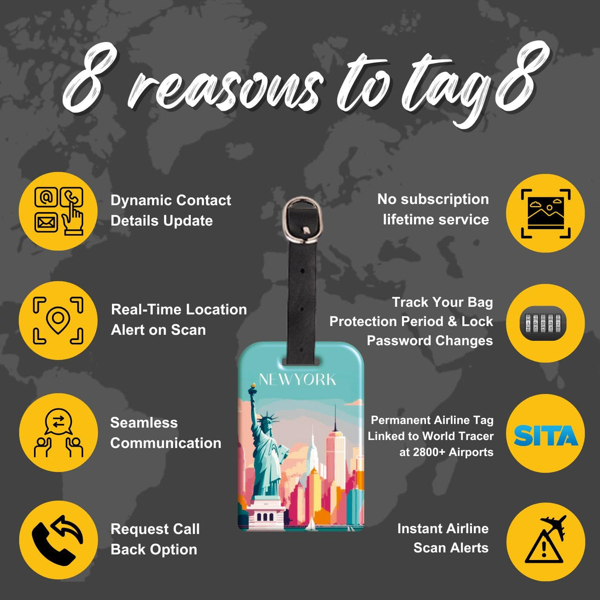 [Pack 2] tag8 New York City Smart Luggage tag |Trendy Luggage tag ID Identification, Fashionable Digital Name tag | Airline Compliant, SITA World Tracer Code Enabled | Gift idea