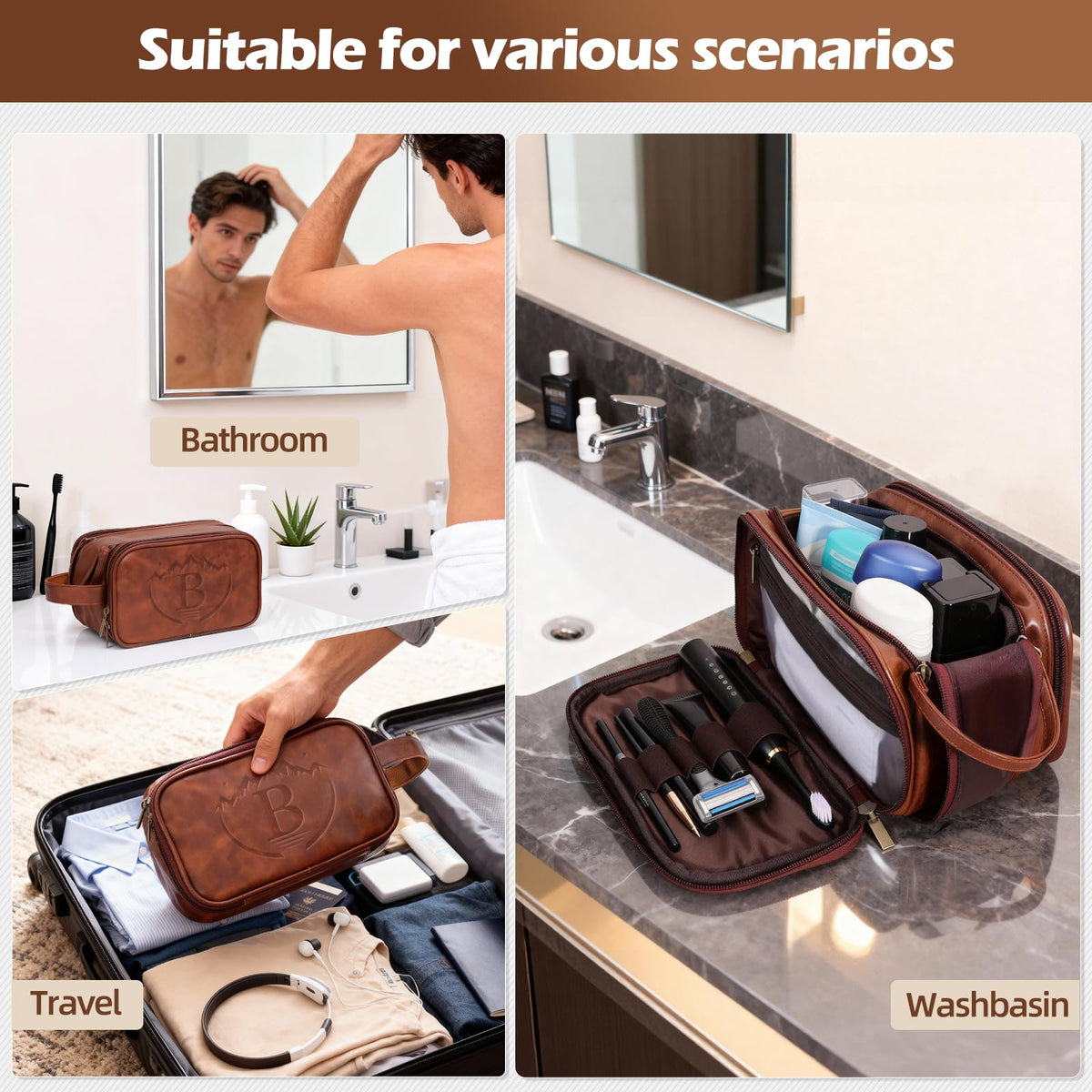 Personalized PU Leather Toiletry Bag for Men, Engraved Initials Waterproof Toiletry Travel Bag, Large Capacity Portable Shaving Bag Travel Essential, Unique Birthday Gift for Men Dad Husband Him,B