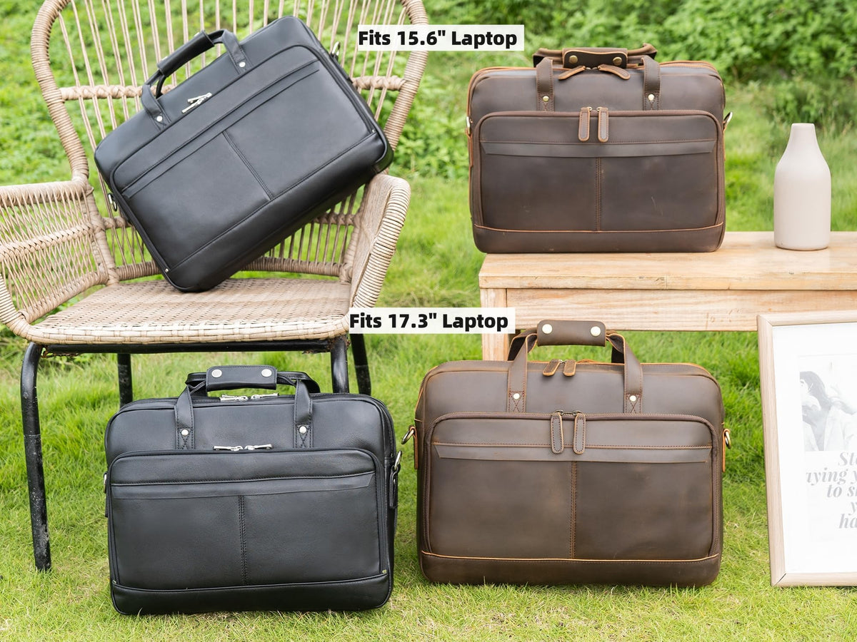 Masa Kawa Black Leather Briefcase for Men 15.6 Inch Laptop Crossbody Shoulder Messenger Professional Office Bag Attache Brief Case Handbag Gifts for Business Travel Work Lawyer, Medium
