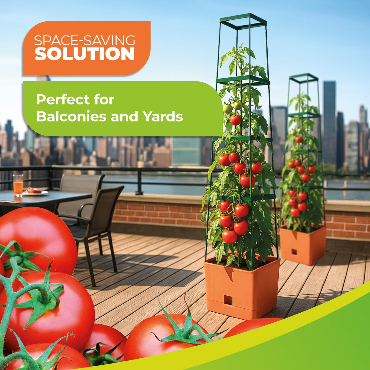 BioGreen 2 Pack Garden Tomato Planter MAXITOM, with Plant Support Trellis 59 inch and Self Watering, 4,2 Gal Planter Box for Climbing Vegetables Plants, Terracotta