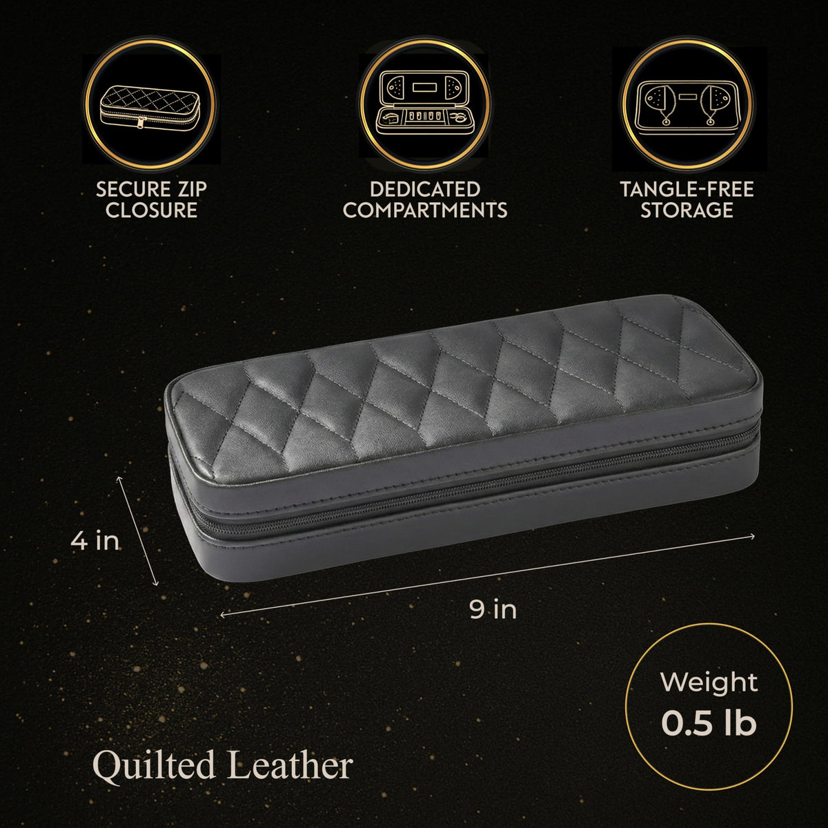 Bey-Berk Diamond-Quilted Leather Travel Jewelry Case, Black, 9" x 4" x 1.75"