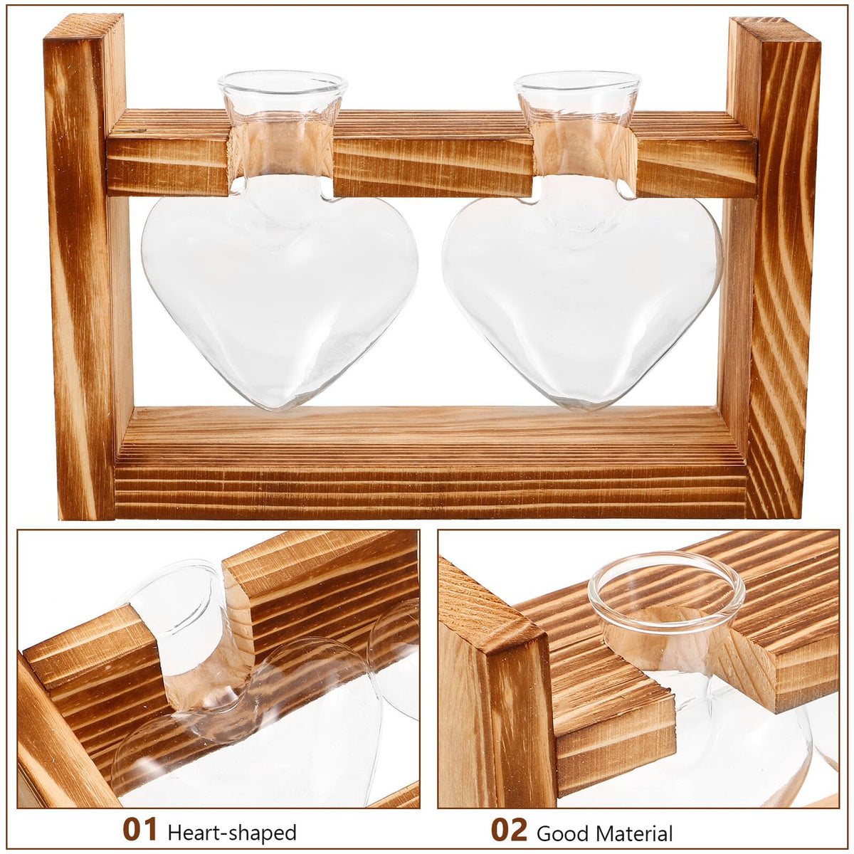 CORHAD Heart-Shaped Glass Plant Terrarium with Wooden Stand, Hydroponic Vase for Home and Office Décor, Creative Glass Flower Vase for Live Plants, 2pcs Set