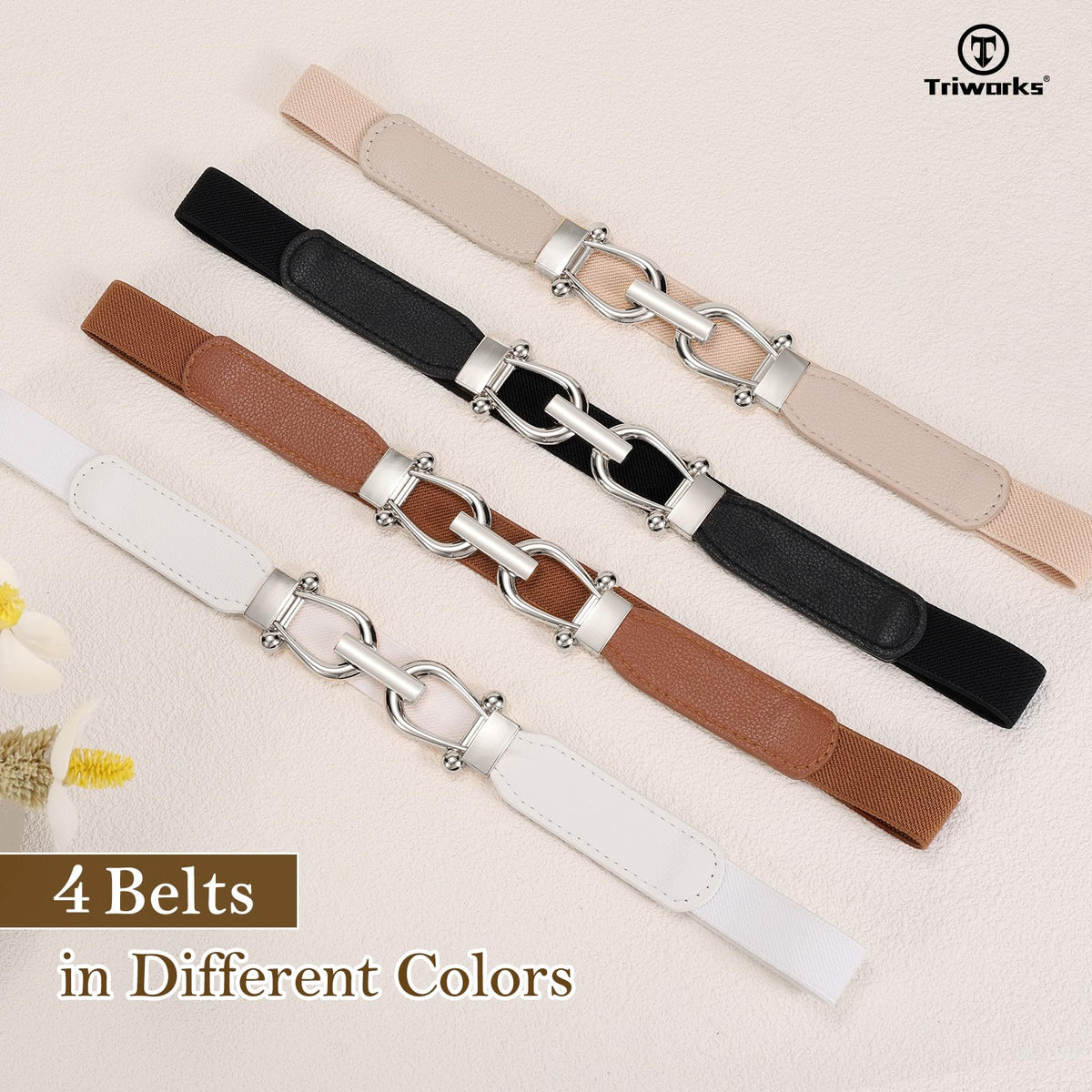 TRIWORKS 4 Pack Skinny Elastic Belts for Women Silver Buckle Thin Stretchy Waist Belts for Dresses