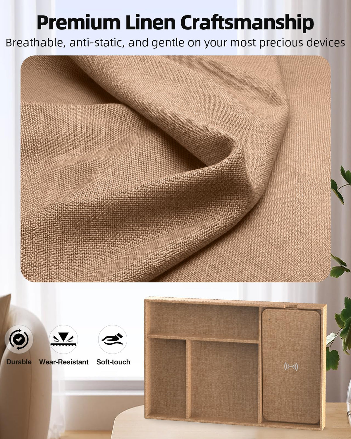 Valet Tray with Wireless Charger, Nightstand Organizer & Catchall Tray for Phone, Keys, Glasses and Accessories, Premium Linen, Stylish Desk & Bedside Storage Station