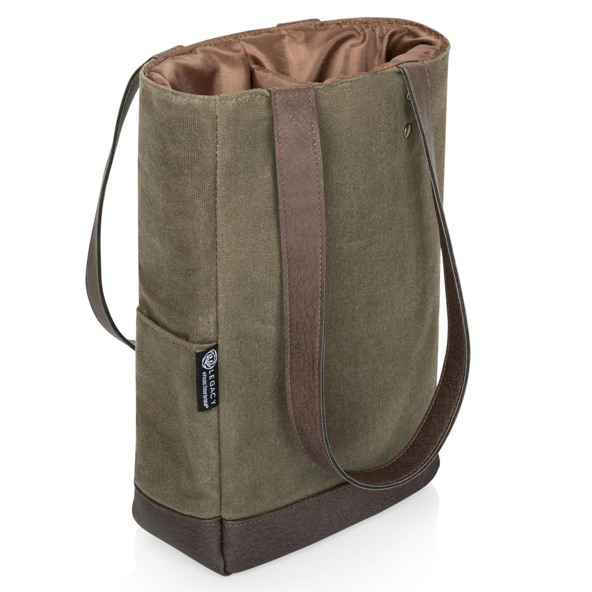 Legacy - a Picnic Time Brand, 2-Bottle Insulated Wine Bag, Distressed Waxed Canvas Wine Tote Bag, Wine Gift Bag