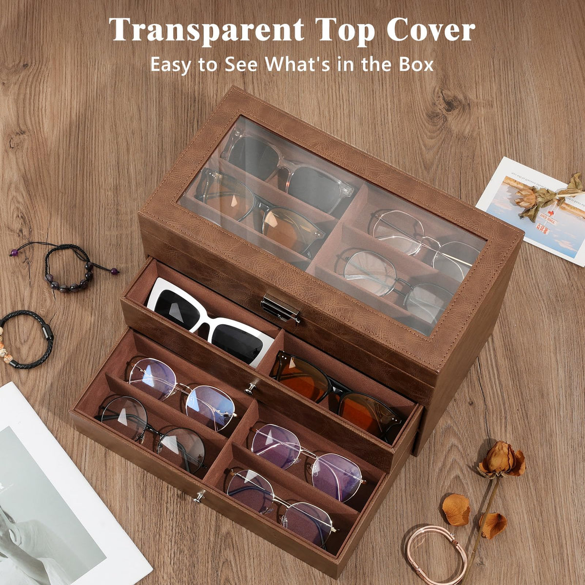 MoKo Sunglasses Organizer with 18 Slots, 3-layer Leather Sunglass Display Collection Holder Case with Drawer Clear Glass Lid, Lockable Eyeglass Glass Jewelry Watch Storage Box for Women Men, Brown