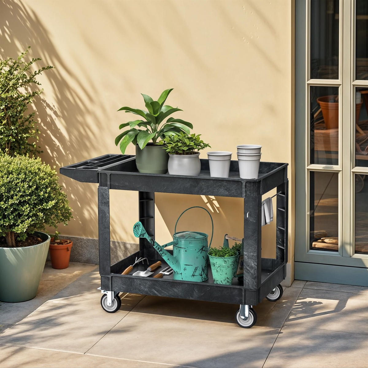 DWVO Utility Service Cart on Wheels, 550 lbs Capacity, 45 x 25 Inch Rolling Work Carts with Wheels, 2 Shelf Heavy Duty Plastic Cart Suitable for Warehouse, Garage, School & Office, Cleaning, Black