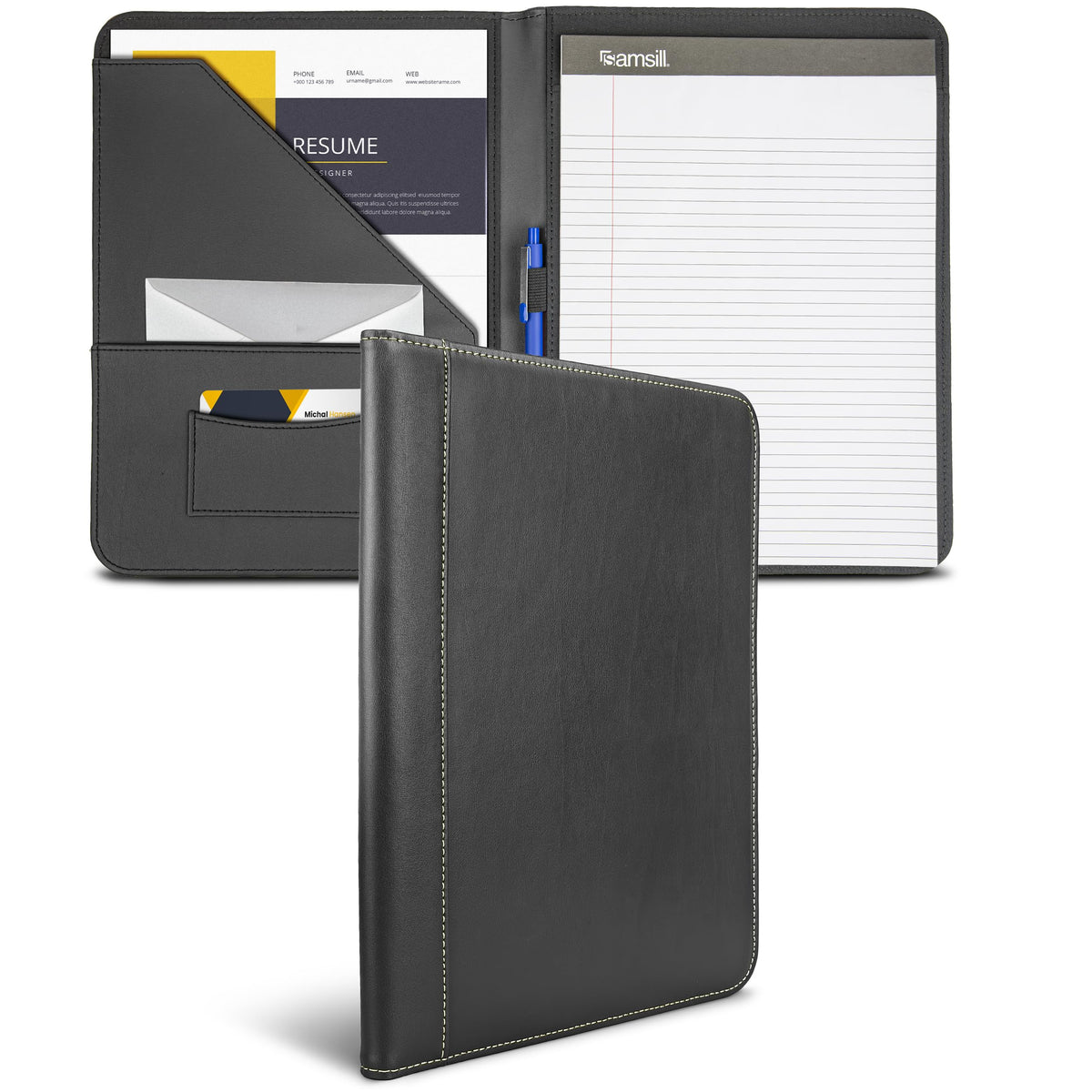 Samsill Contrast Stitch Faux-Leather Padfolio, Business Portfolio for Men and Women, Resume Document Organizer with 8.5 x 11 Inch Writing Pad, Black