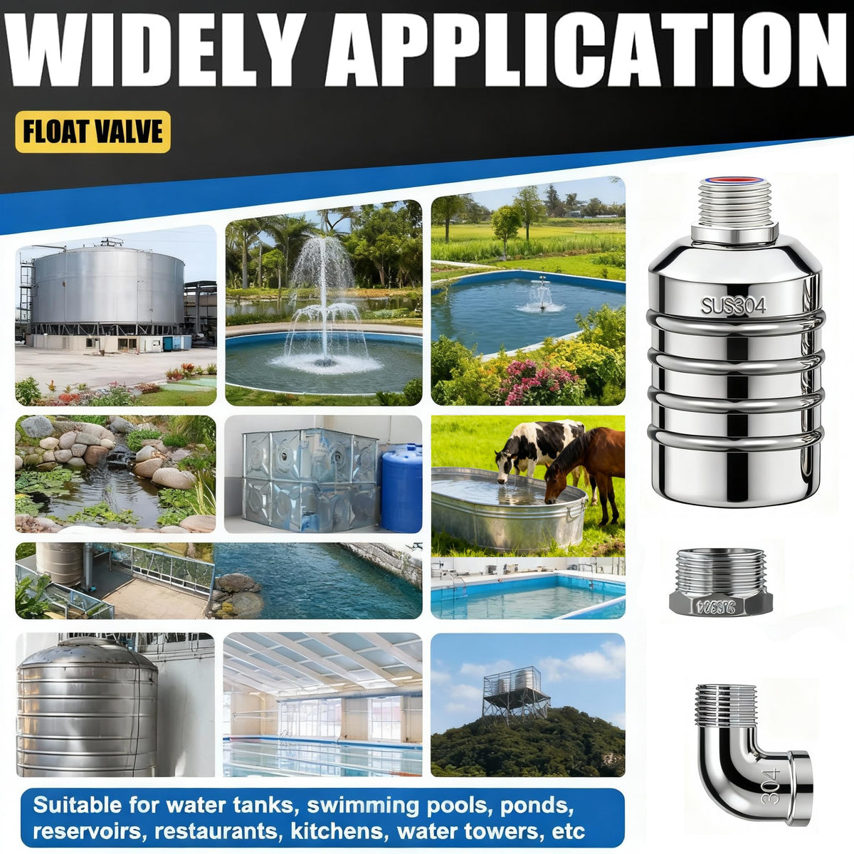 2-Pack NPT 1/2" Float Valve, Leak-Proof 304 Stainless Steel Automatic Water Level Control Float Valve with 1/2" 3/4" Premium 304 SS Connections for Water Trough Fish Tank Pool Livestock