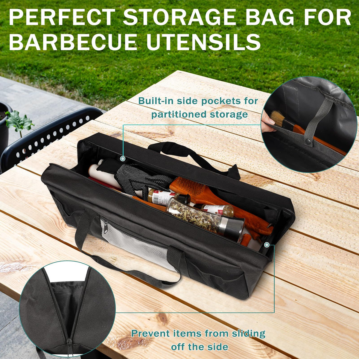 Frjjthchy Grill Tool Storage Bag, Large Grill Utensil Storage Caddy with Pockets, Portable Grill Accessory Storage Bag for Outdoor Camping & BBQ (Black)