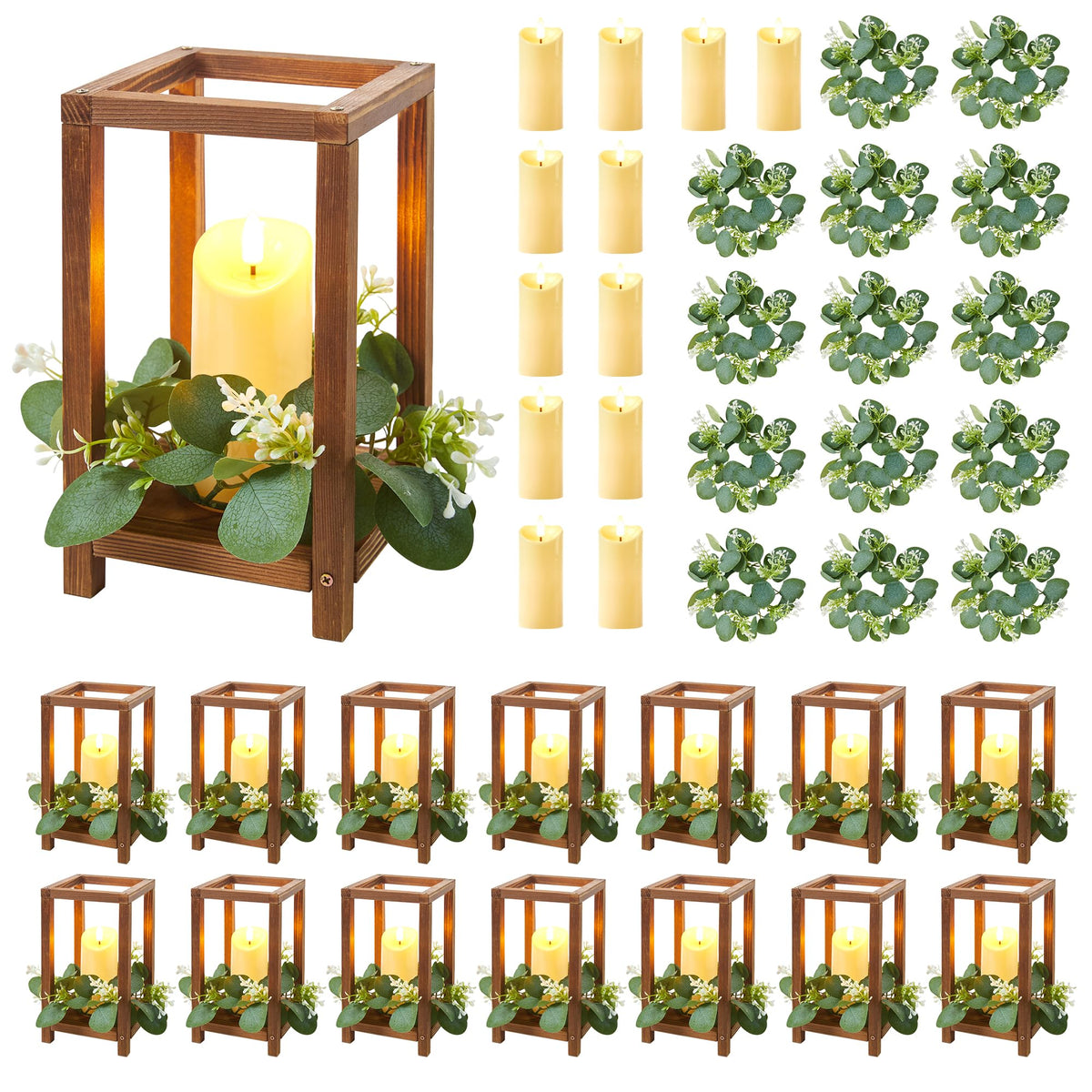 42 Pcs/14 Set Wooden Wedding Lantern Centerpiece,Wooden Centerpieces for Tables-with 14 Holders 14 Candles 14 Wreaths for Rustic Table Decoration Country Barn Wedding Party (Brown)