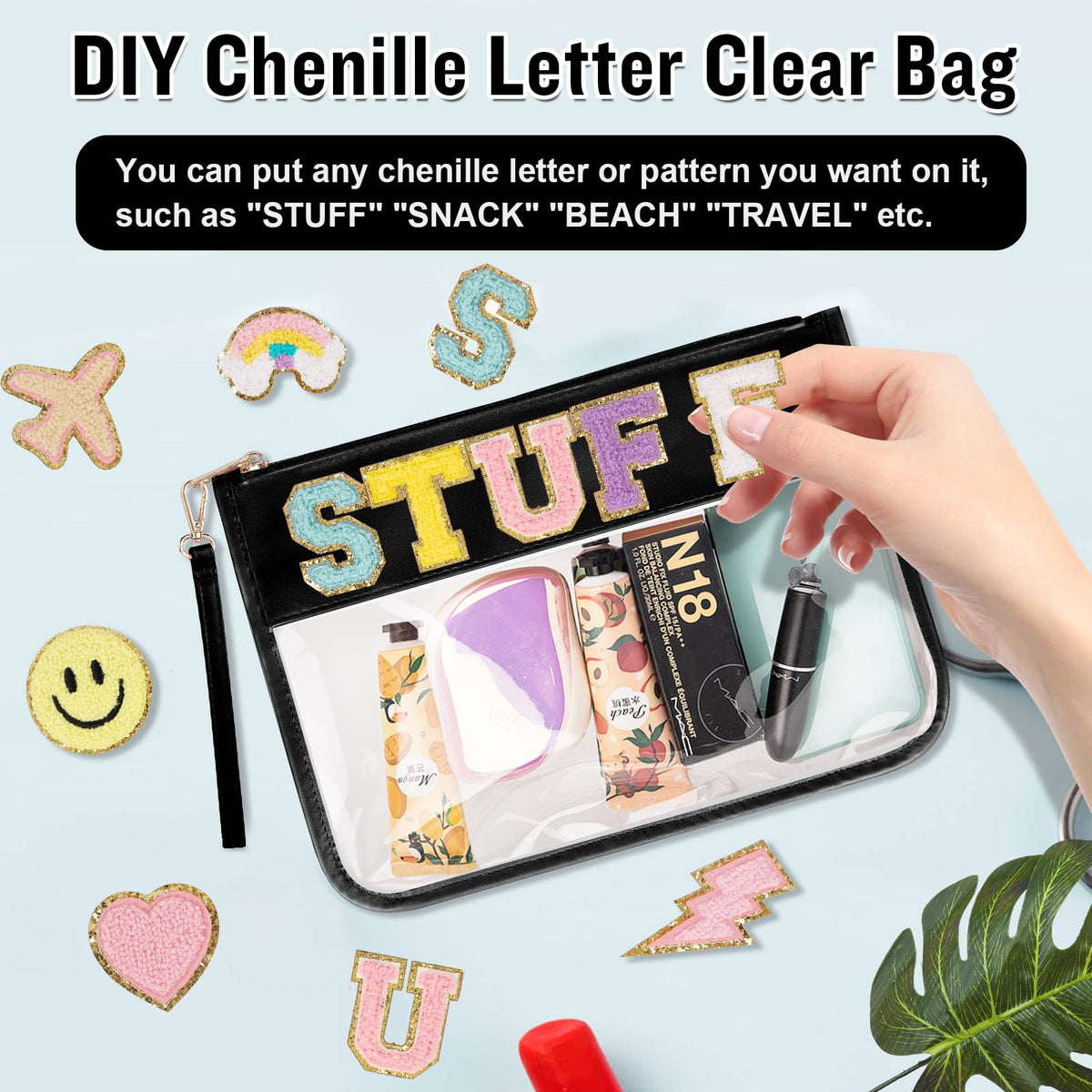 Izuzta Clear PVC Flat Pouch - Travel Makeup Bag With Wristlet, DIY Chenille Letter Bag, Waterproof Portable Toiletry Cosmetic Pouch for Women Girls (Black)