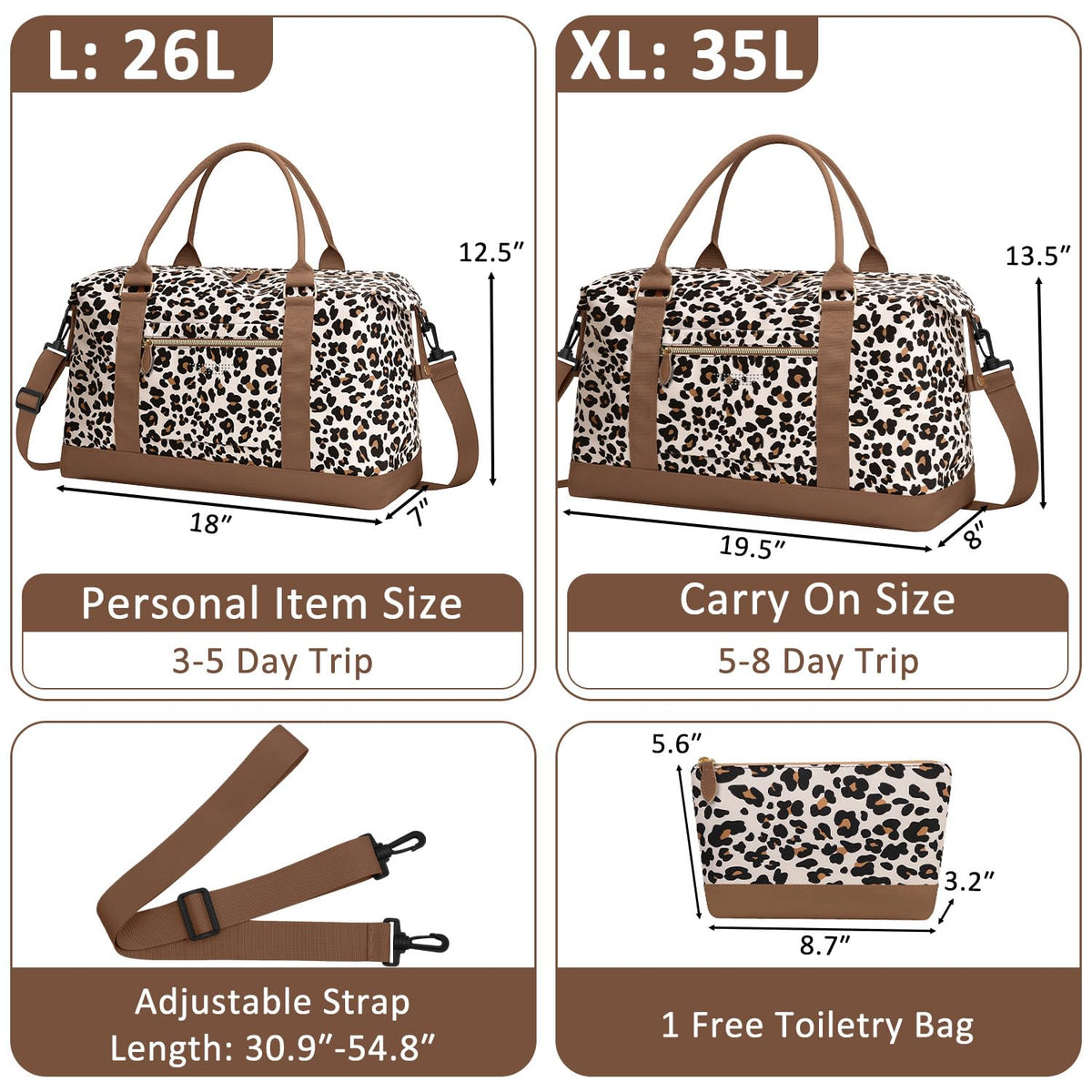 ELONGRIVER Travel Duffle Bag for Women, Weekender Bags, Hospital Bag for Labor Delivery, Lightweight Tote Duffel Overnight Bag with Luggage Sleeve, Airplane Travel Bags with Toiletry Bag,Large,Leopard
