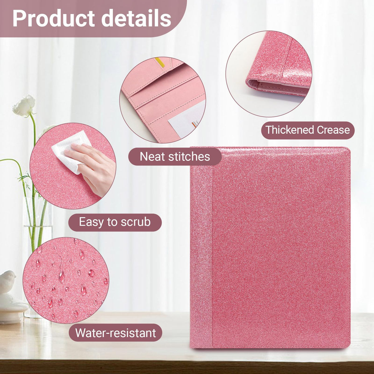 FORTAVEM Professional Portfolio Binder, Faux Leather Padfolio for Resume, Note-Taking & Meetings, A4 Letter Writing Pad Holder for Women & Men, Pink