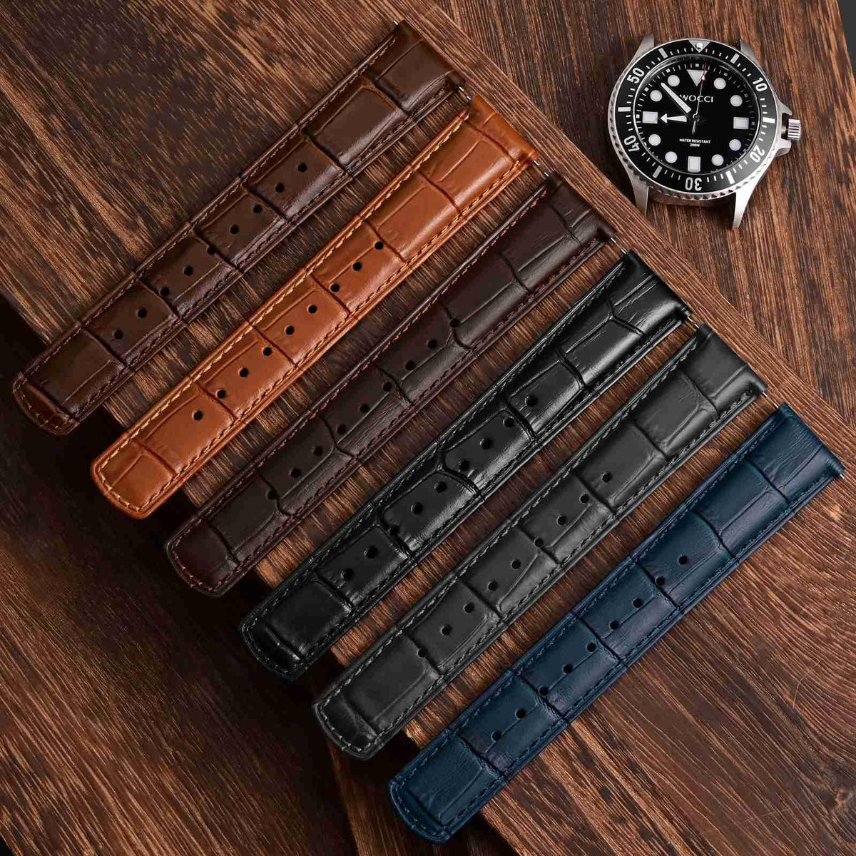 WOCCI 18mm Watch Band, Top Grain Leather, Embossed Alligator Grain, Quick Release, Black Buckle (Black)
