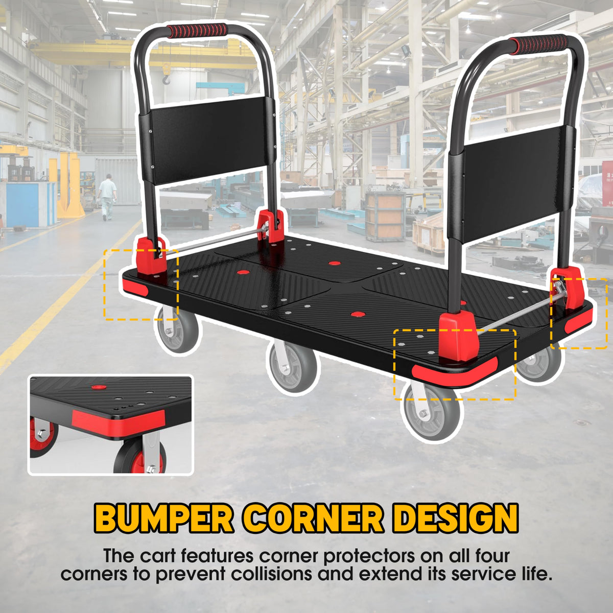 Platform Trucks Flatbed Cart Heavy Duty with 2 Handrails & 6 Rubber Wheels, Flat Dolly 2000lbs Capacity with Bungee Cord, 49.2"x27.56" Folding Hand Cart for Moving Furniture/Office/Warehouse/Garage