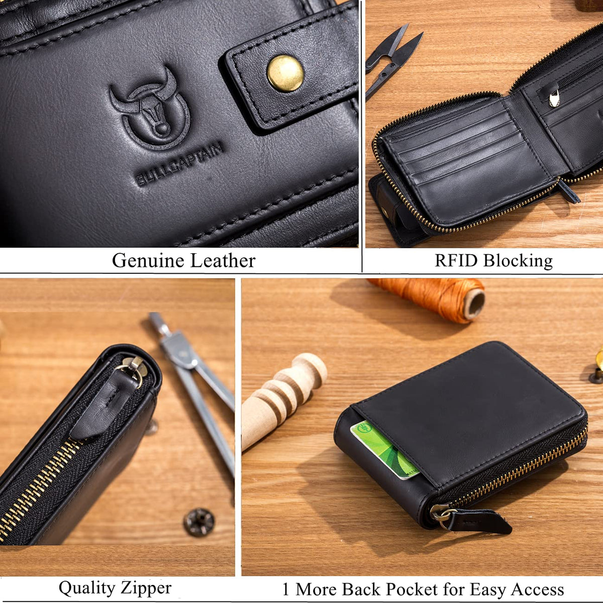 BULLCAPTAIN Genuine Leather Wallet for Men Large Capacity ID Window Card Case with Zip Coin Pocket QB-231 (Black)