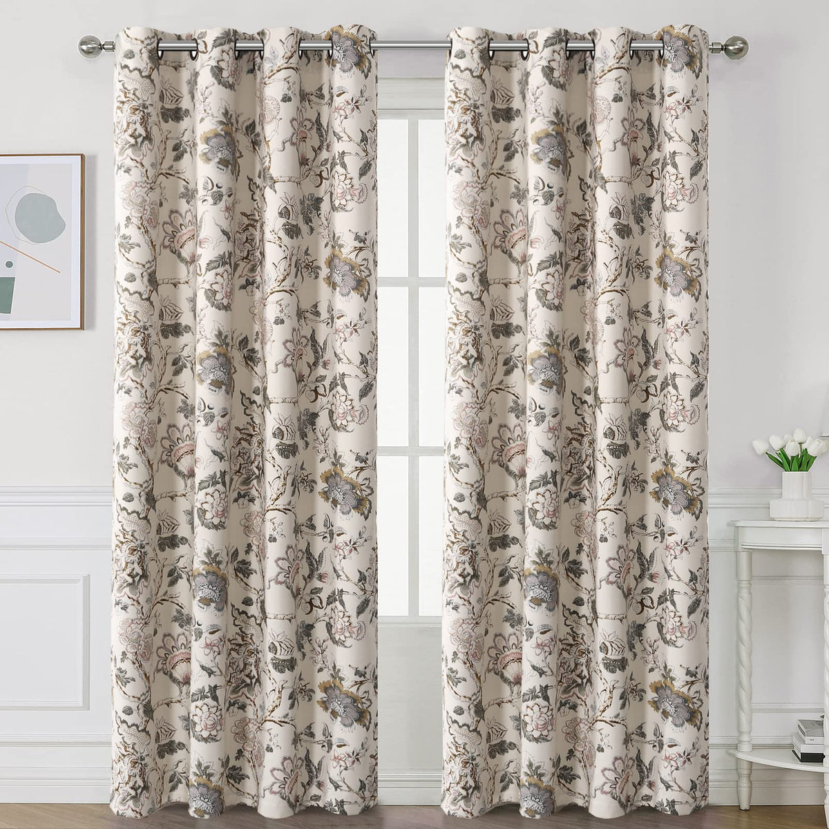 H.VERSAILTEX Blackout Curtains 84 Inch Length 2 Panels Set Floral Print Curtain Drapes for Living Room Thermal Insulated Grommet Window Curtains for Bedroom - Traditional Floral in Sage and Brown