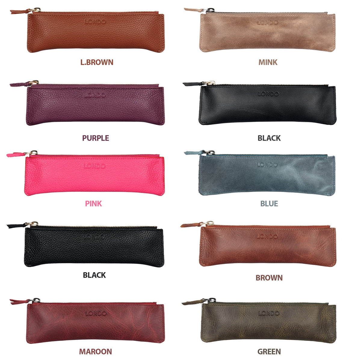 Londo Zippered Genuine Cowhide Leather Pen & Pencil Case — Slim Fountain Pen Holder, Pencil Pouch, Stationery Organizer, Makeup Brush Case, Travel Pouch — Gift for Writers, Students, Teachers, Black