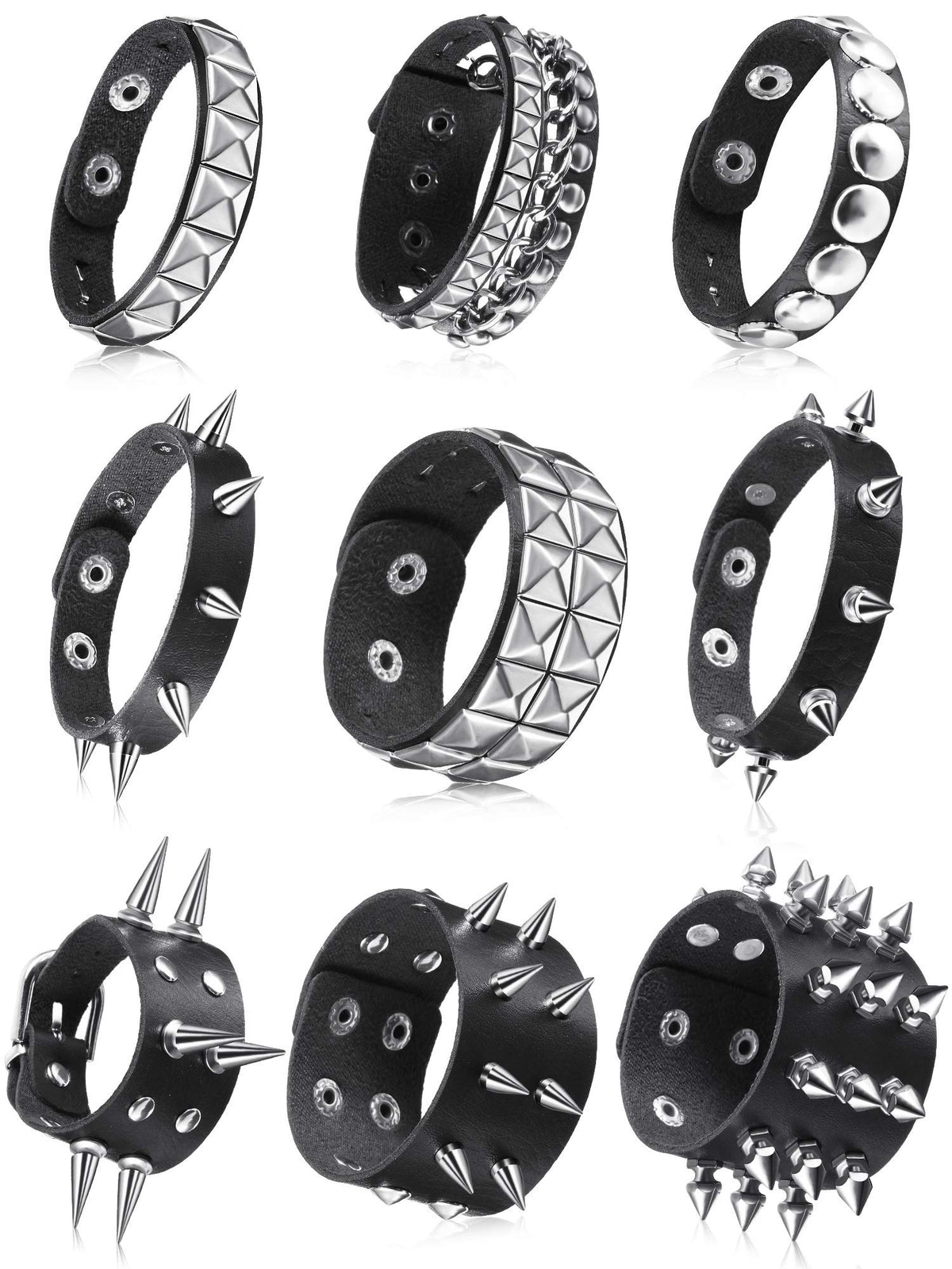 Hicarer 9 Pcs Spiked Studded Bracelet Black Leather Rivet Punk Bracelet Y2k Cuff Wrap Bangle Snap Button Wristband Men Women(Classic Style)