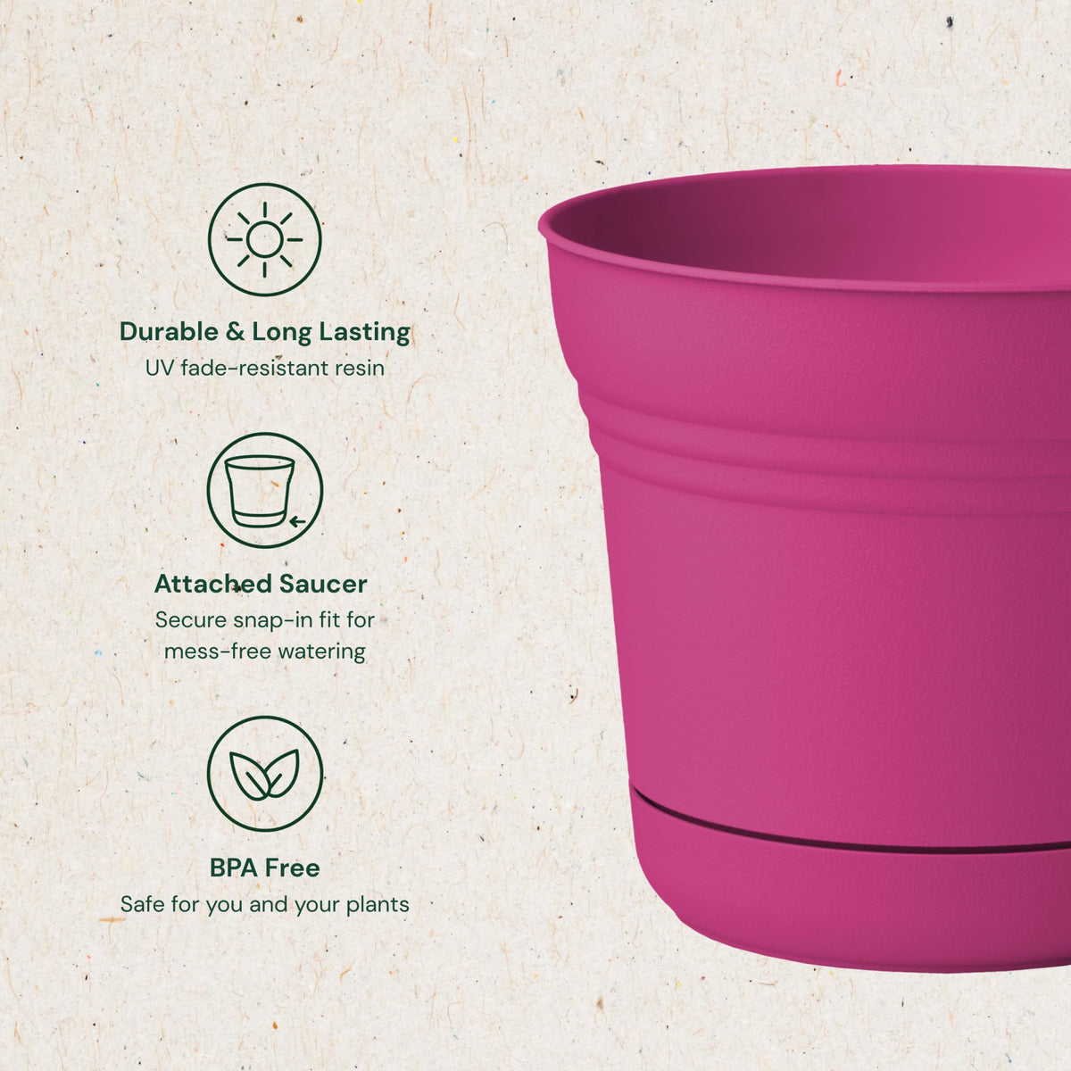 Bloem Saturn 7" Round Plastic Planter - Indoor/Outdoor, Snap-in Saucer & Drainage Holes, Fuchsia, 4-Pack
