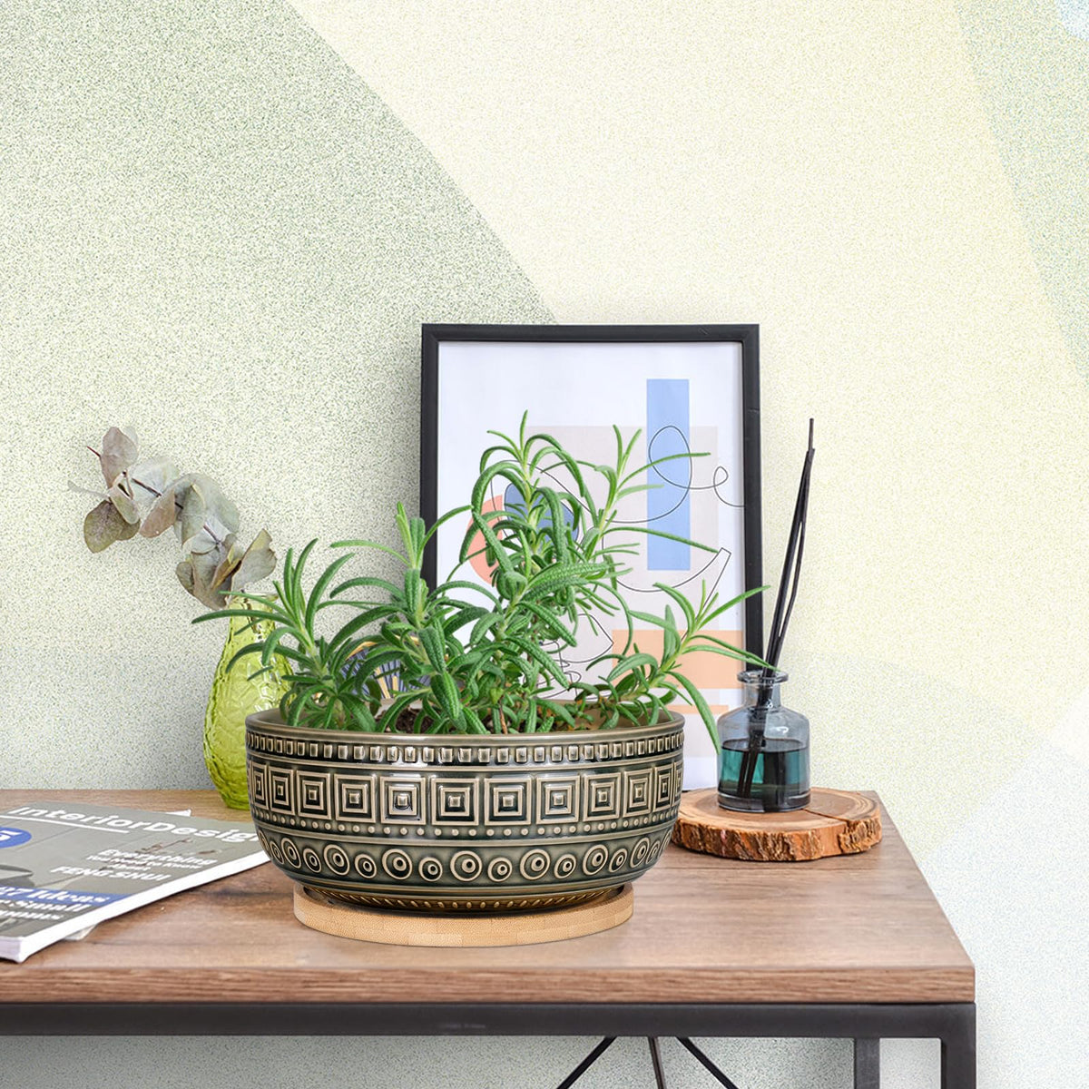 G EPGardening 8 Inch Ceramic Succulent Planter Pots Round Shallow Bonsai Planter Pot for Indoor Plants with Drainage and Bamboo Saucer Gray