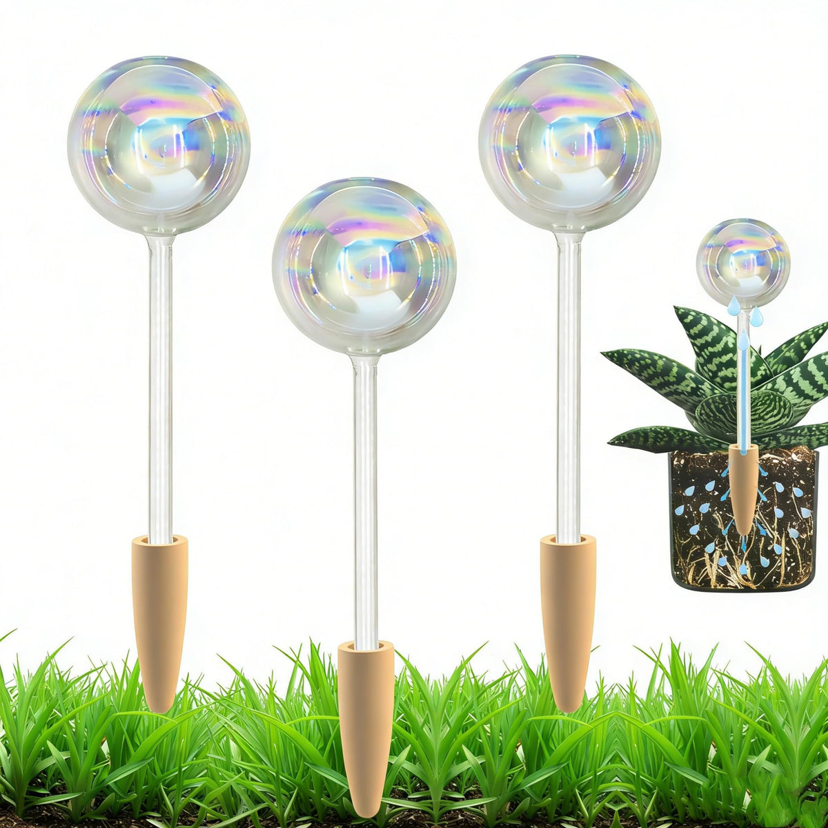 HyJeryty Non-Clogging Iridescent 3 Pack Ball Plant Watering Globes with Terracotta Spikes, Hand Blown Glass Self Watering Planter Insert Plant Watering Devices Bulbs for Indoor and Outdoor Plants